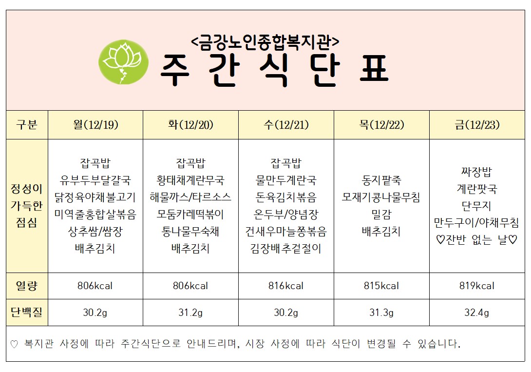 [주간식단안내]12/19일(월)~12/23일(금)#1