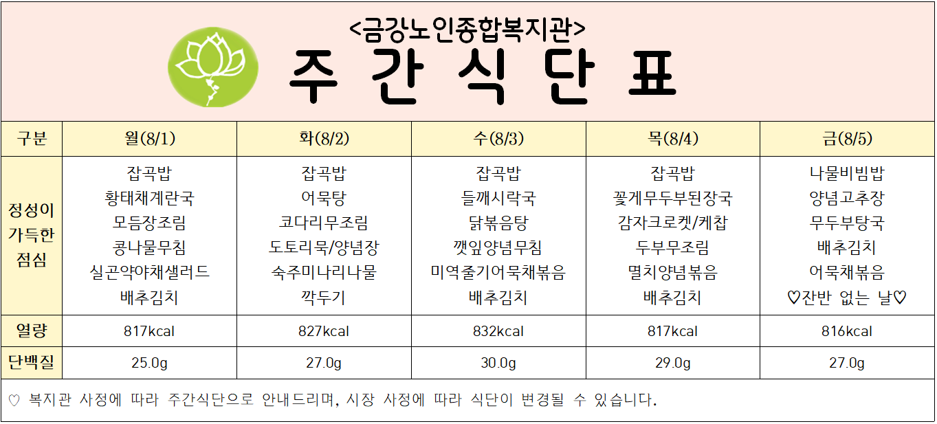 [주간식단안내] 8/1일(월)~8/5일(금)#1