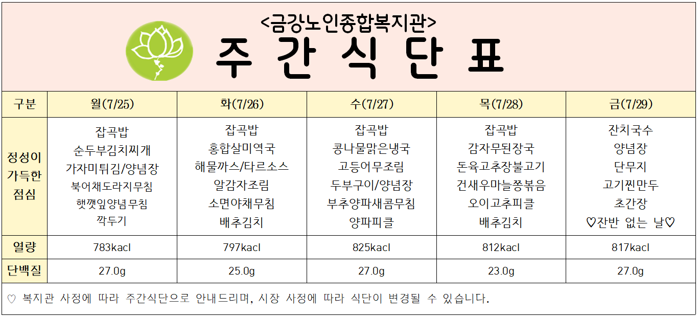 [주간식단안내] 7/25일(월) ~ 7/29일(금)#1